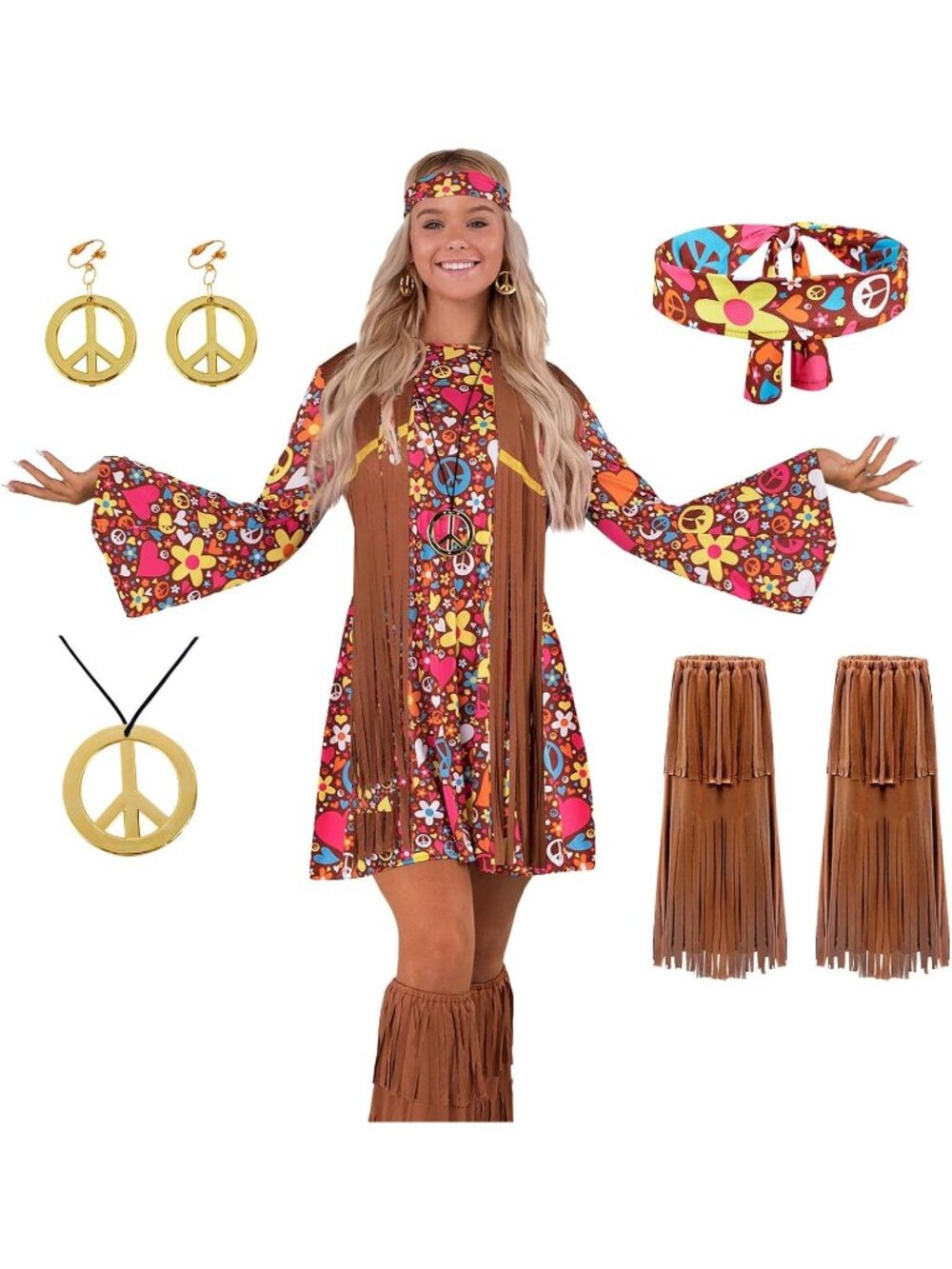 Women's Brown Halloween 70s Outfits Adult Hippie Dresses Mini Stylish Costumes